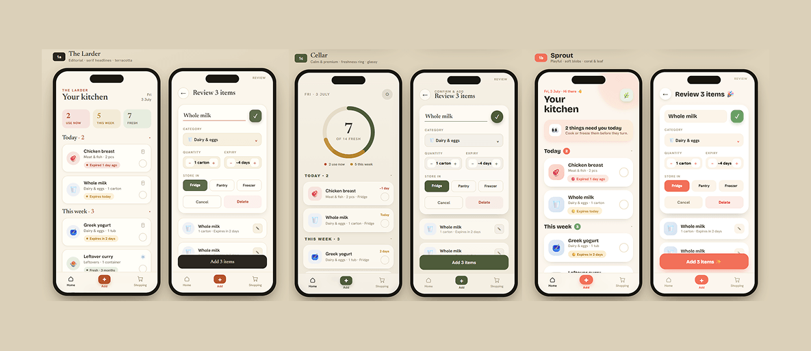 Three AI-generated visual directions for the review-items screen: an editorial terracotta style, a calm glassy style, and a playful coral-and-leaf style