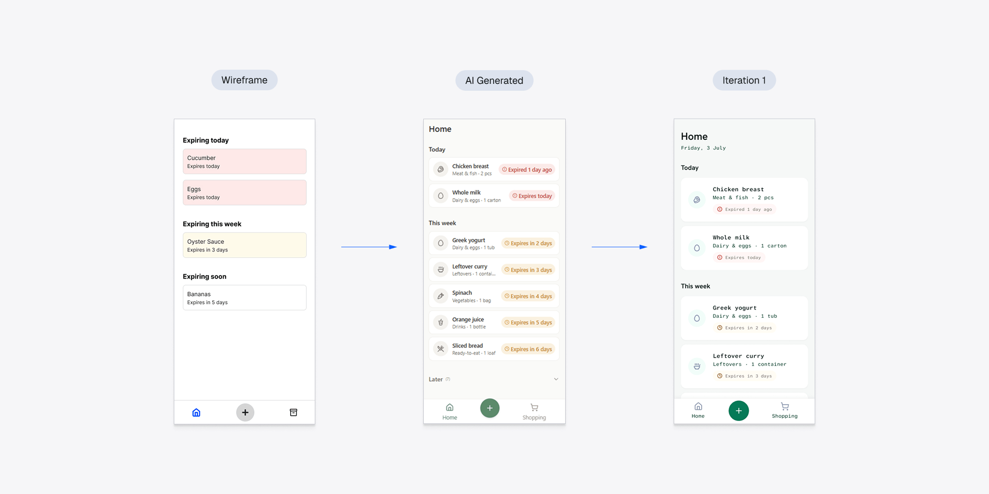 Home screen progressing from a wireframe to an AI-generated first draft to a refined iteration