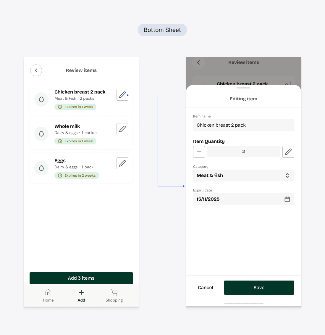 Previous pattern: editing an item in a bottom sheet