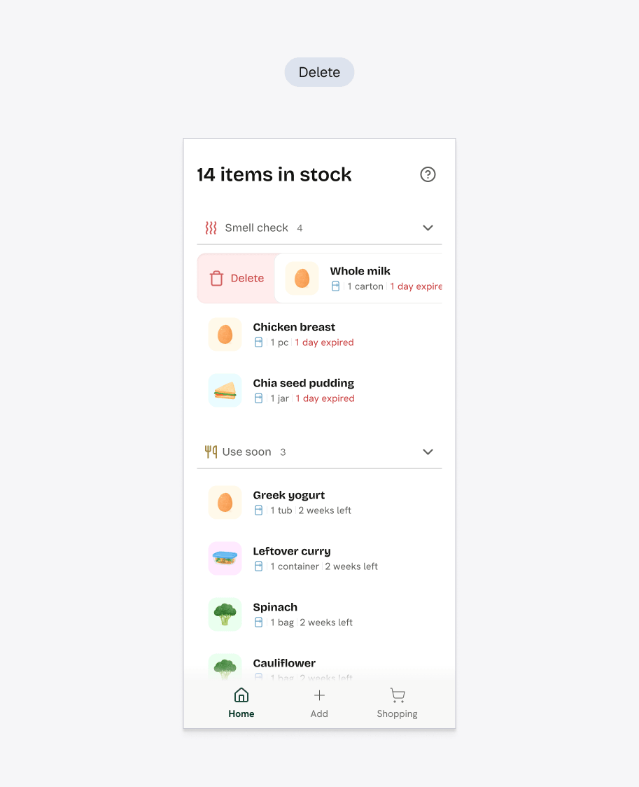Deleting an item from the inventory with a swipe gesture