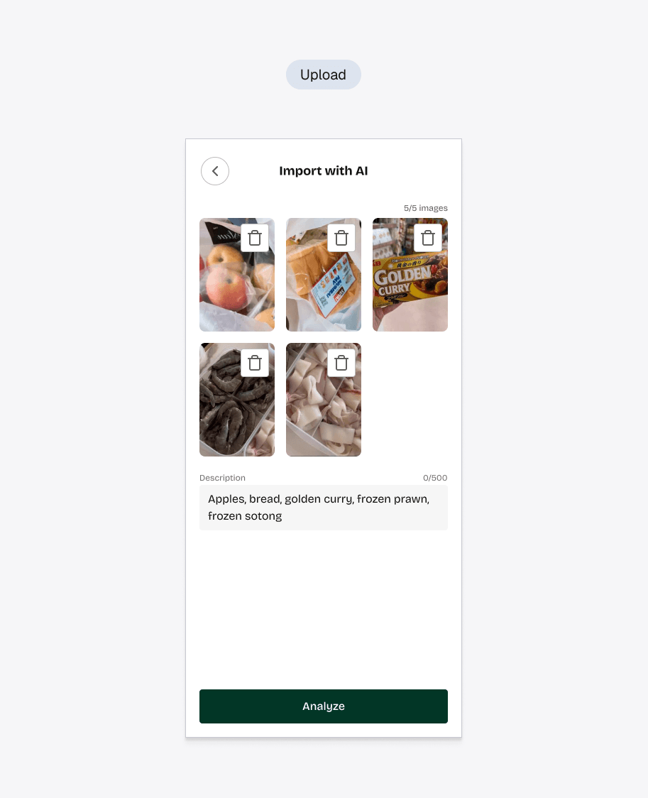 Adding an item to inventory by photo upload, processed with AI