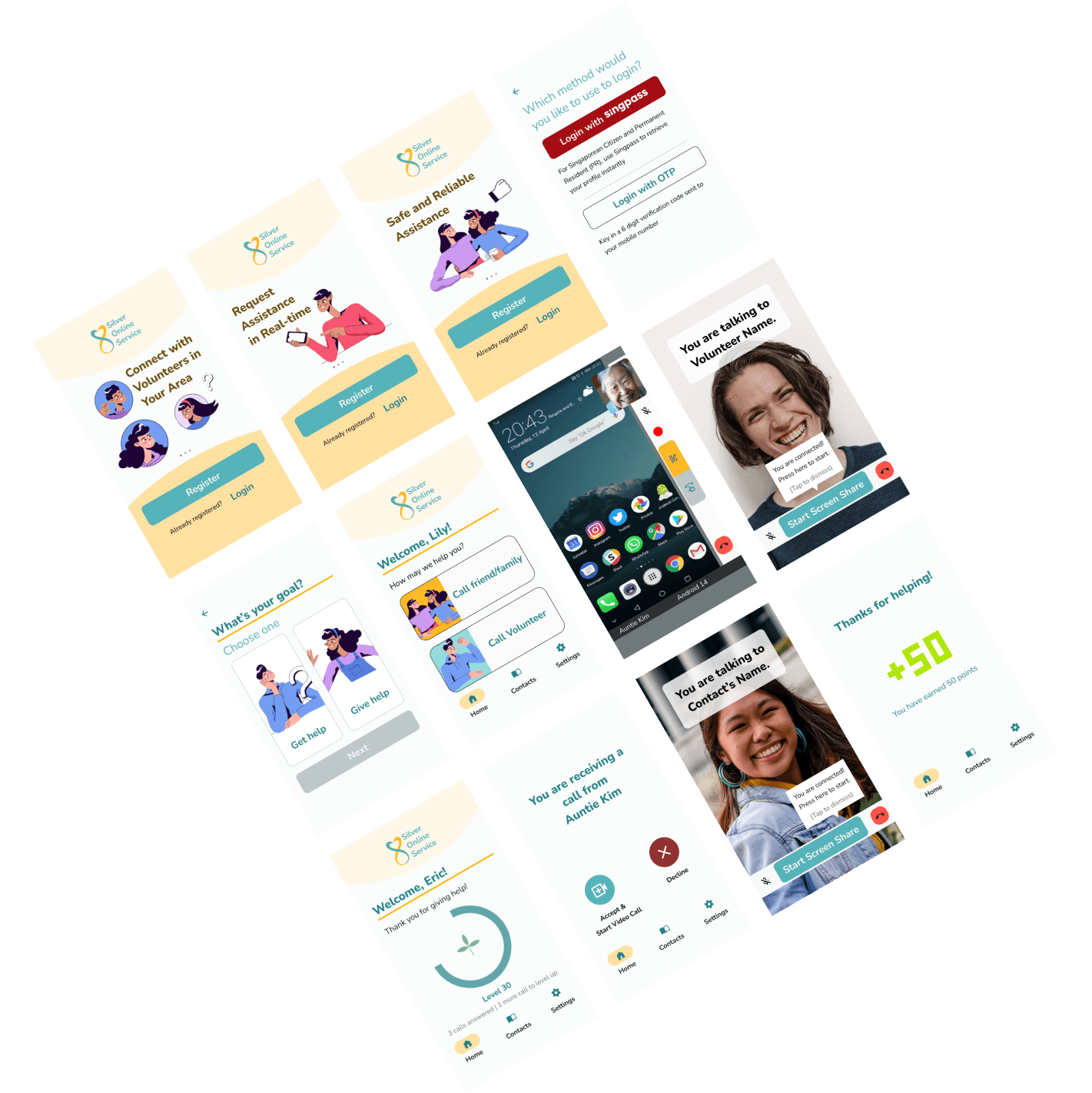 Silver Online Service app screens — registration, home, and volunteer call flows